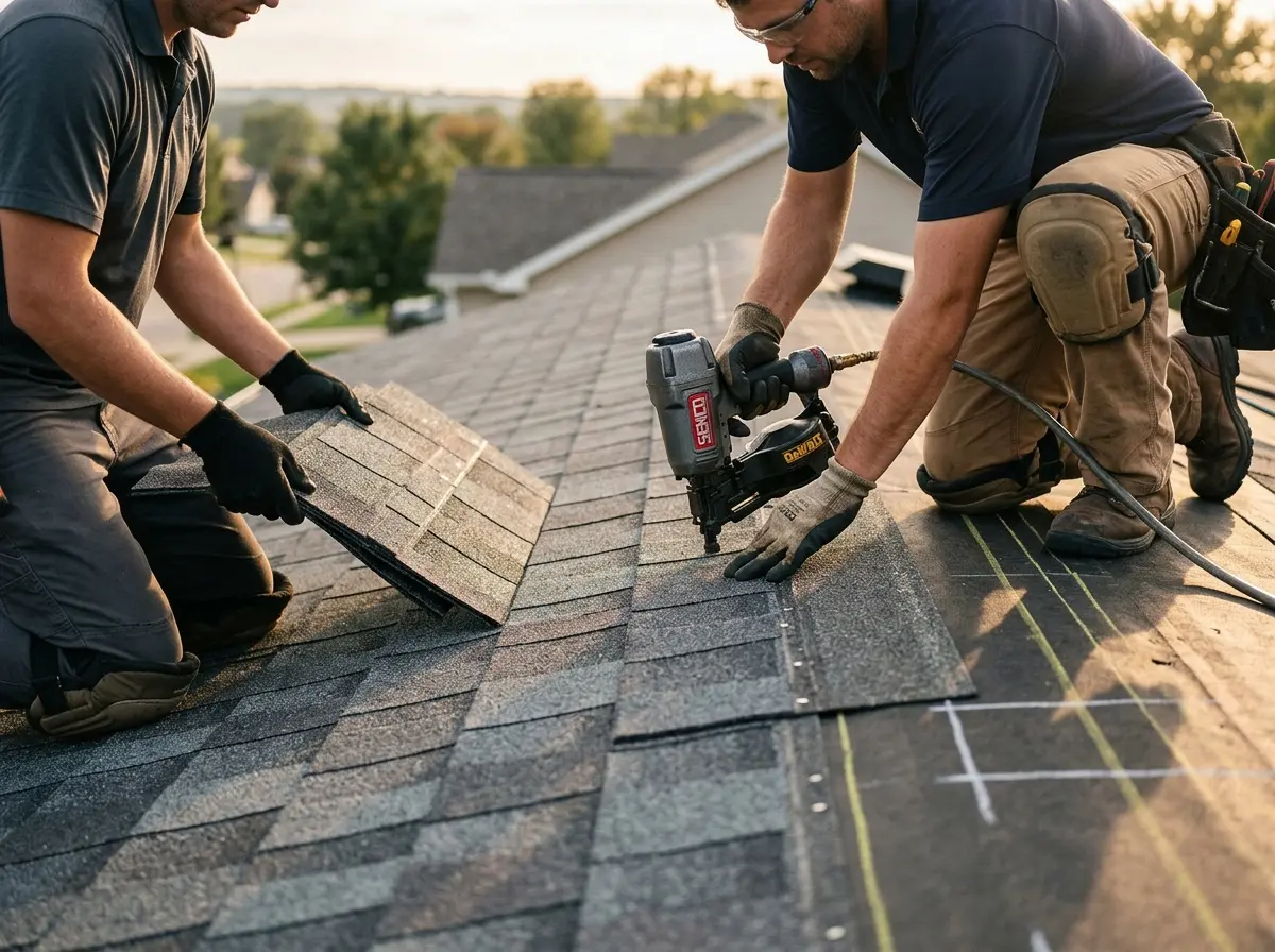 Professional roofer working on a residential roof in Upper Dublin